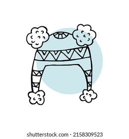 Ropa de invierno hecha a mano. Ilustración vectorial en estilo doodle. Ánimo de invierno. Hola 2023. Feliz Navidad y Feliz Año Nuevo. Sombrero negro con ornamento y pompón sobre fondo blanco y azul.
