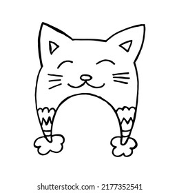 A hand-drawn winter clothing. Vector illustration in doodle style. Winter mood. Hello 2023. Merry Christmas and Happy New Year. Black hat with ornament, pompon and cat ears on a white background.