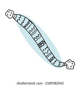 Eine handgezeichnete Winterkleidung. Vektorgrafik im Doodle-Stil. Winterstimmung. Hallo 2023. Frohe Weihnachten und glückliches neues Jahr. Schwarzer Schal mit Ornament und Pompon auf weißem und blauem Hintergrund.