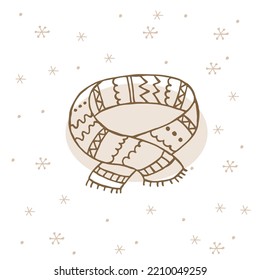 Vêtements d'hiver dessinés à la main. Illustration vectorielle en style doodle. Ambiance hivernale. Bonjour 2023. Joyeux Noël et Bonne année. Foulard marron avec ornement et pompon sur fond blanc avec flocons de neige