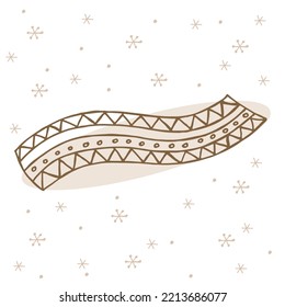 A hand-drawn winter clothing. Vector illustration in doodle style. Winter mood. Hello 2023. Merry Christmas and Happy New Year. Brown scarf with ornament on a white background with snowflakes.