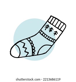 A hand-drawn winter clothing. Vector illustration in doodle style. Winter mood. Hello 2023. Merry Christmas and Happy New Year. Black sock with ornament on a white and blue background.
