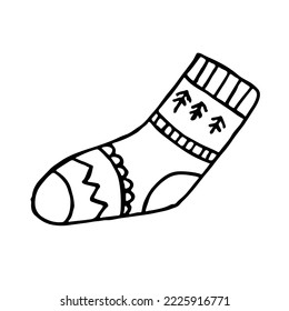Ropa de invierno hecha a mano. Ilustración vectorial en estilo doodle. Ánimo de invierno. Hola 2023. Feliz Navidad y Feliz Año Nuevo. Calcetín negro con adorno sobre fondo blanco.