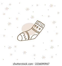 A hand-drawn winter clothing. Vector illustration in doodle style. Winter mood. Hello 2023. Merry Christmas and Happy New Year. Brown sock with ornament on a white background with snowflakes.