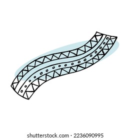 A hand-drawn winter clothing. Vector illustration in doodle style. Winter mood. Hello 2023. Merry Christmas and Happy New Year. Black scarf with ornament on a white and blue background.