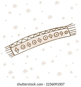 Eine handgezeichnete Winterkleidung. Vektorgrafik im Doodle-Stil. Winterstimmung. Hallo 2023. Frohe Weihnachten und glückliches neues Jahr. Brauner Schal mit Ornament auf weißem Hintergrund mit Schneeflocken.