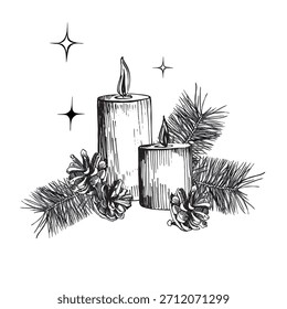 Composición de invierno dibujada a mano con velas ardientes, ramas de pino, conos, acentuados por estrellas brillantes. Ilustración vintage de Vector para tarjetas de Navidad, decoración de vacaciones, diseño festivo, gráficos