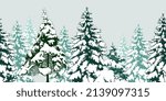 Hand-drawn winter coniferous forest. Border seamless  pattern.  Vector landscape.