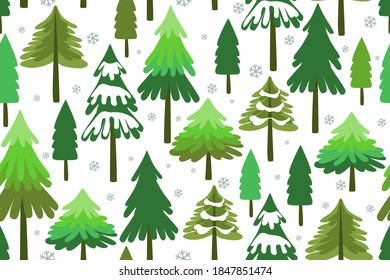 
Hand-drawn winter coniferous forest. Seamless vector pattern. Christmas design. Landscape in a cartoon style.