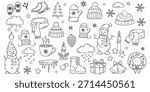 Hand-drawn winter doodle icon set with cozy clothing and seasonal elements. Black and white line art illustrations featuring hats, mittens, scarves, snowman, mug and winter items.
