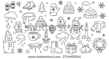 Hand-drawn winter doodle icon set with cozy clothing and seasonal elements. Black and white line art illustrations featuring hats, mittens, scarves, snowman, mug and winter items.
