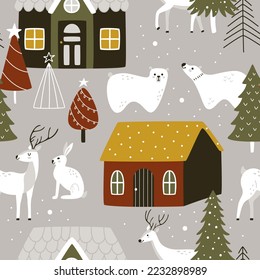 Hand-drawn winter forest animals with houses and Christmas trees. Rabbits, bears, and deer on a seamless vector pattern. New Year and Christmas illustration.