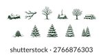 Hand-drawn winter forest elements including trees, logs, and a cabin. Vector