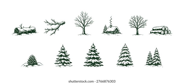 Hand-drawn winter forest elements including trees, logs, and a cabin. Vector
