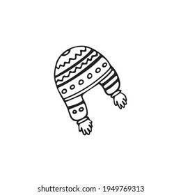 Hand-drawn winter hat in patterns, single element. Graphic doodle, sketch, outline drawing isolated on white. Vector illustration