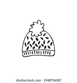 Hand-drawn winter hat, single element. Graphic doodle, sketch, outline drawing isolated on white. Vector illustration