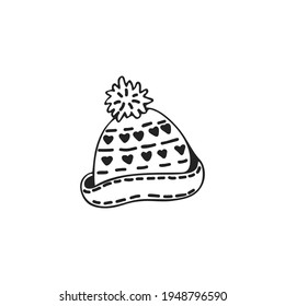 Hand-drawn winter hat, single element. Graphic doodle, sketch, outline drawing isolated on white. Vector illustration