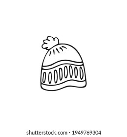 Hand-drawn winter hat, single element. Graphic doodle, sketch, outline drawing isolated on white. Vector illustration