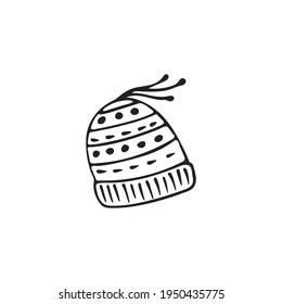 Hand-drawn winter hat, single element. Graphic doodle, sketch, outline drawing isolated on white. Vector illustration