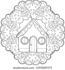 Hand-drawn. Winter House cartoon and Christmas Trees Mandala. Doodles art for Merry Christmas or Happy New Year card. Coloring page for adult and kids.