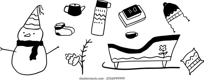 Hand-Drawn Winter Illustration Set | Minimalist Doodle Vector for Seasonal and Holiday Designs