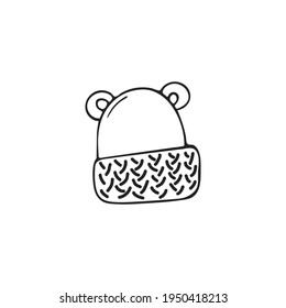 Hand-drawn winter knitted hat with ears, single element. Graphic doodle, sketch, outline drawing isolated on white. Vector illustration