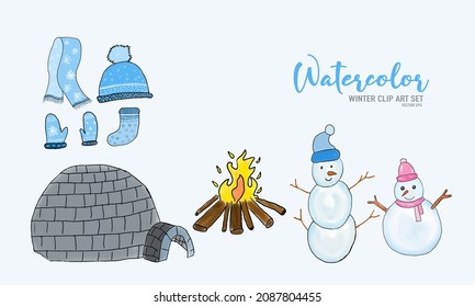 Hand-drawn Winter Watercolor Elements Colorful Clipart Set
