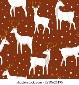 Hand-drawn winter white deer with snow on a red background in cute style. Seamless vector pattern with wild animals for wallpaper or wrapping paper for New Year and Christmas winter holidays