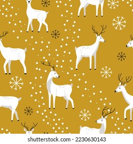 Hand-drawn winter white deer with snow on a yellow background in cute style. Seamless vector pattern with wild animals for wallpaper or wrapping paper for New Year and Christmas winter holidays
