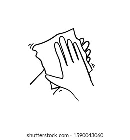 handdrawn Wipe your hand with damp cloth black icon. Wipe skin paper tissue. Wash hand. Personal hygiene. White napkin. Disinfection skin care.hand drawn doodle cartoon art style vector