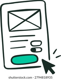 Hand-drawn wireframe of mobile app interface with email icon and interactive ele