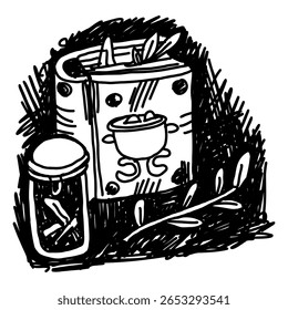 Hand-drawn witch book and ingredients. Black and white outline illustration in the grunge style. Book with recipes for brewing potions, dry elements in a jar, and a branch on a white background.