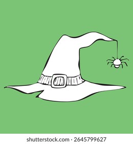 Um chapéu de bruxa puxado à mão com uma aranha e uma teia. 