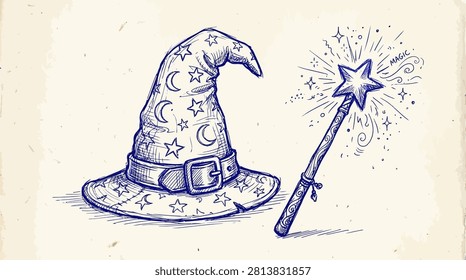 Hand-drawn wizard hat and magic wand with celestial star and moon patterns.