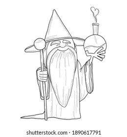 A hand-drawn wizard holding a love potion; valentines day illustration