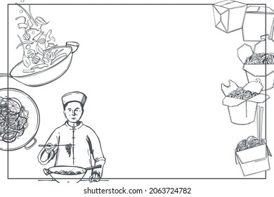 Hand-drawn wok set. Asian street food. Frying pan wok, noodles in a paper box, chef preparing noodles. Vector background. Sketch  illustration.