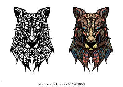 Hand-drawn wolf head with ethnic doodle pattern. Coloring page - zendala, for adults, vector illustration. Elephant head. Adult antistress coloring page. Sketch for tattoo, poster, print, t-shirt