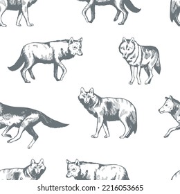 Hand-drawn wolf. Vector seamless pattern