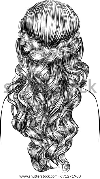 Handdrawn Woman Cute Curly Hairstyles Wedding Stock Vector