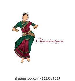 Hand-drawn woman dancing illustration, Vector art of Bharatanatyam dance, A tall woman performing Indian cultural dance