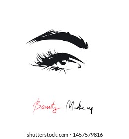 Hand-drawn woman eye with long eyelashes and eyebrow. Vector