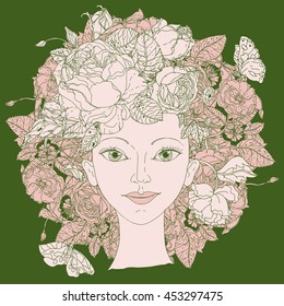 hand-drawn woman face with abstract hair as a luxury bouquet of flowers and roses in the shape of a circle. Detailed vector illustration in pastel colours for company poster or cards design