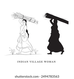 Hand-drawn woman line art, An Indian woman walking vector illustration, A line art of Indian villager