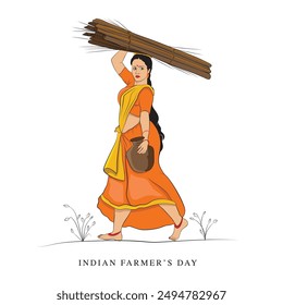 Hand-drawn woman walking drawing, An illustration of Indian farmer, A beautiful lady carrying crops illustration