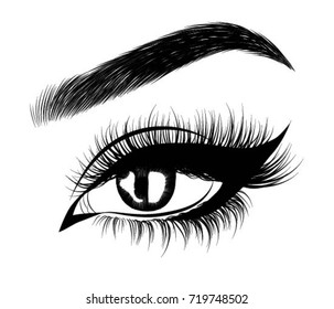 Hand-drawn woman's arabic make up eye with perfectly shaped eyebrows and full lashes. Idea for business visit card, typography vector.Perfect salon look