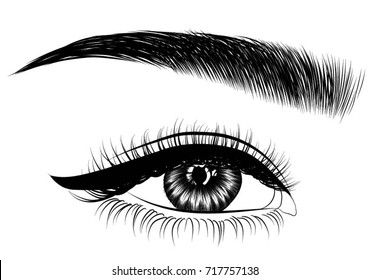 Hand-drawn woman's asian eye with perfectly shaped eyebrows and eyeliner. Idea for business visit card, typography vector.Perfect salon look