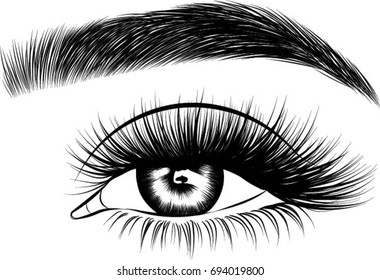 Hand-drawn woman's eye with perfectly shaped eyebrows and full lashes. Idea for visit card