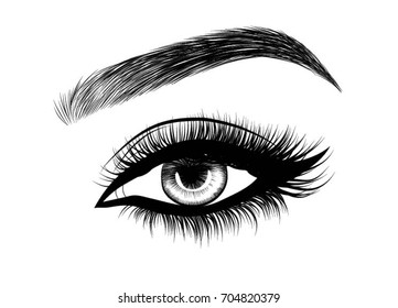 Hand-drawn woman's eye with perfectly shaped eyebrows and full lashes with intense smoky make-up. Idea for business visit card, typography vector