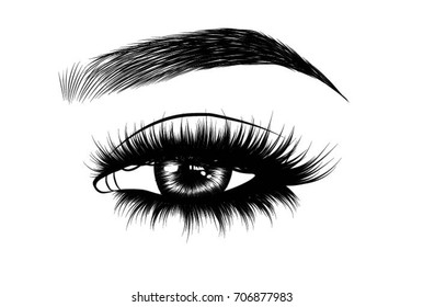 Hand-drawn woman's eye with perfectly shaped eyebrows and full lashes with intense smoky make-up. Idea for business visit card, typography vector