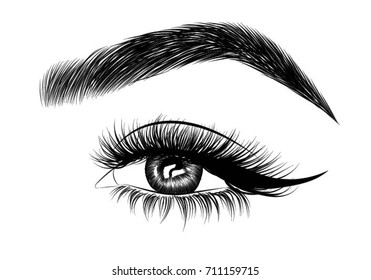 Hand-drawn woman's eye with perfectly shaped eyebrows and full lashes. Idea for business visit card, typography vector.Perfect salon look